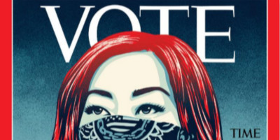 美國《時代》周刊首次將封面LOGO設(shè)計【TIME】替換成【VOTE】投票